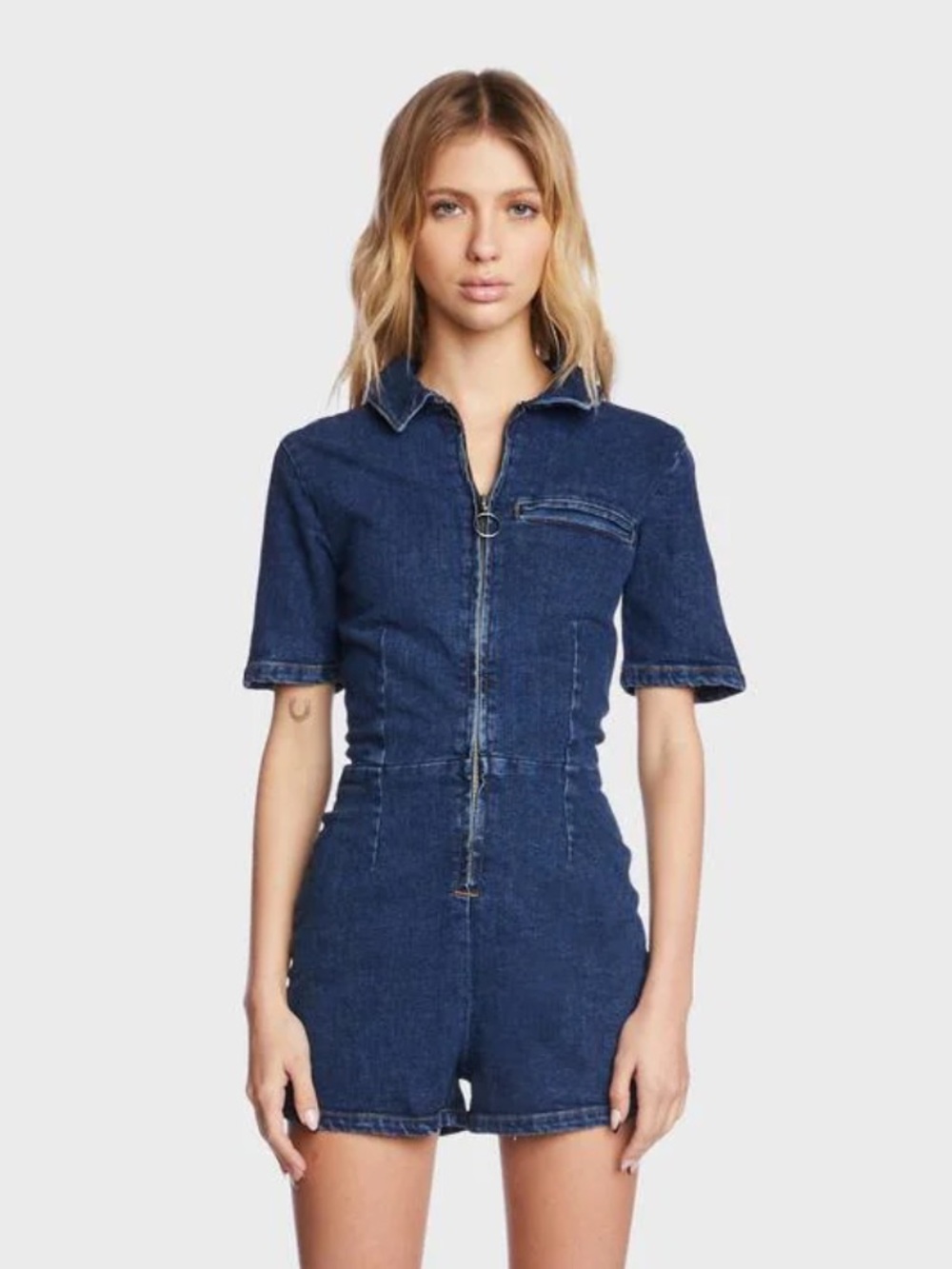 BDG Light Blue Denim Zip-Front Romper